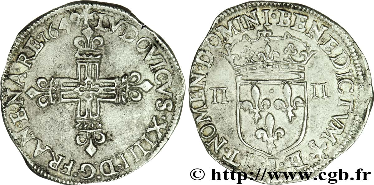 LOUIS XIV LE GRAND OU LE ROI SOLEIL Quart d écu, 1er type 1649 Bayonne TTB+