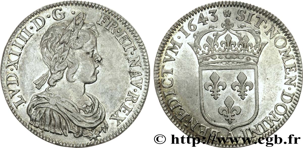 LOUIS XIV  THE SUN KING  Demi-écu à la mèche courte 1643 Paris, Monnaie de Matignon AU/AU