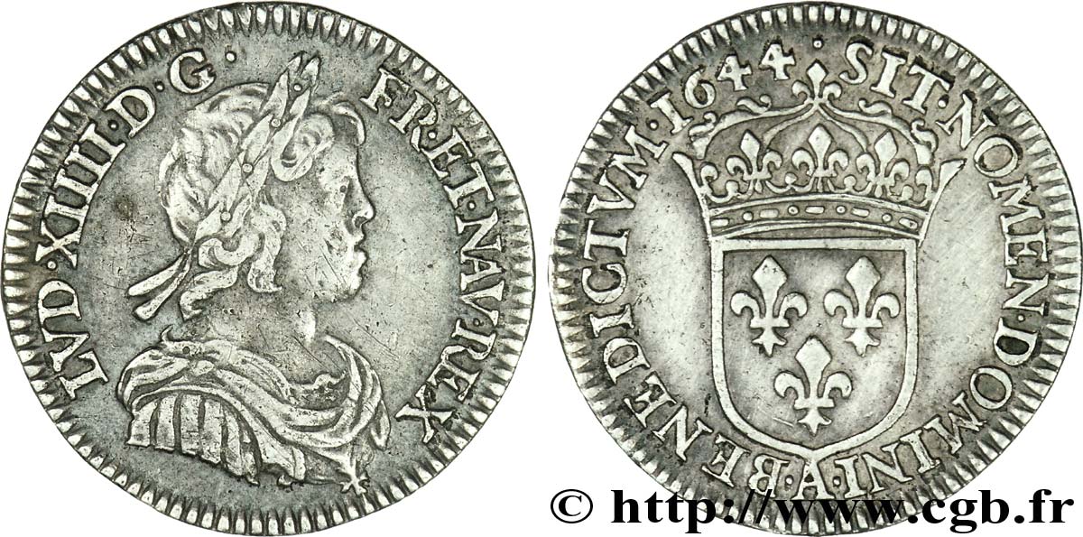 LOUIS XIV  THE SUN KING  Douzième d écu à la mèche courte 1644 Paris, Monnaie du Louvre XF/AU