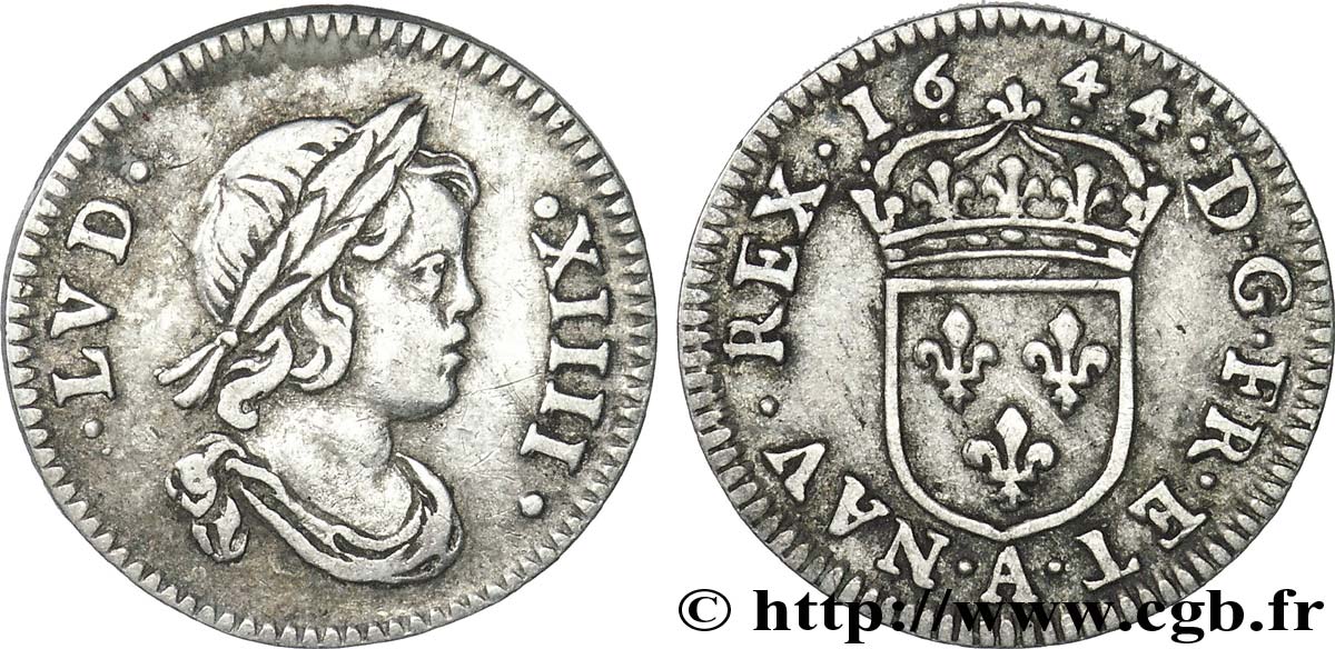 LOUIS XIV  THE SUN KING  Vingt-quatrième d écu à la mèche courte 1644 Paris, Monnaie du Louvre XF