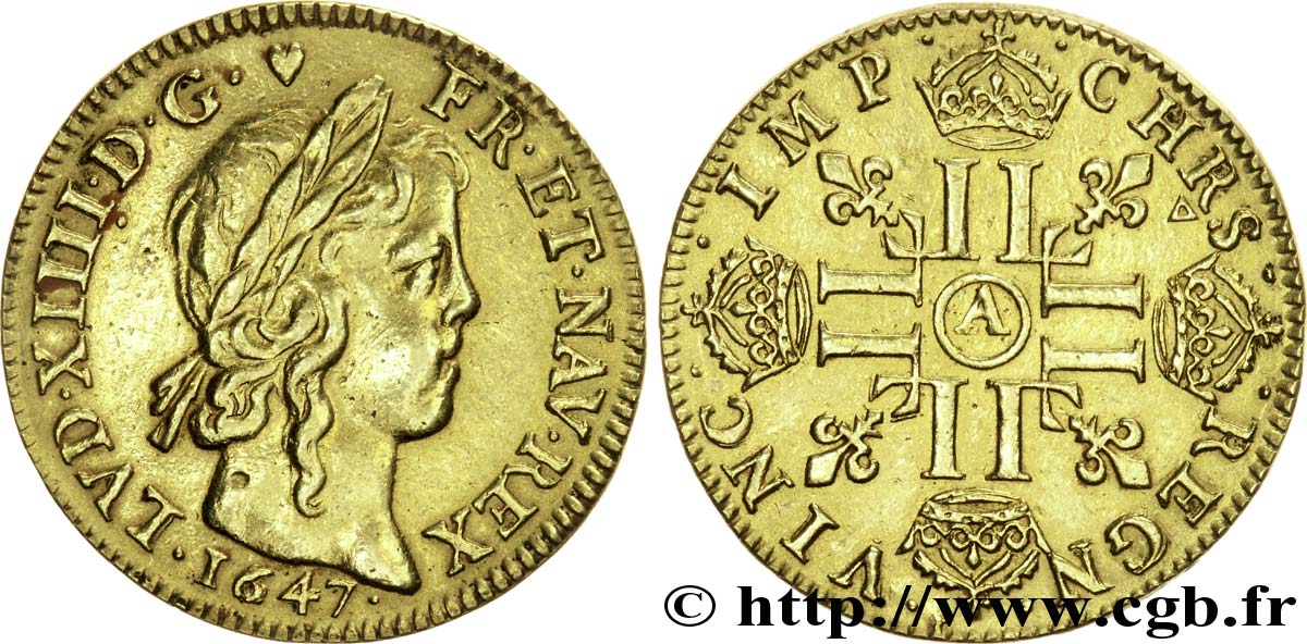 LOUIS XIV LE GRAND OU LE ROI SOLEIL Louis d’or aux huit L, portrait à la mèche longue 1647 Paris TTB