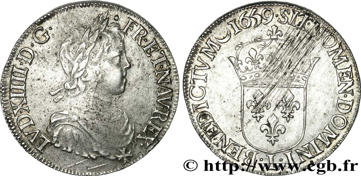 LOUIS XIV LE GRAND OU LE ROI SOLEIL Écu à la mèche longue 1659 Bayonne TTB/TTB+