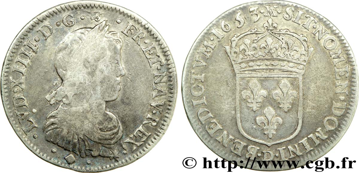 LOUIS XIV LE GRAND OU LE ROI SOLEIL Quart d écu à la mèche longue 1653 Lyon TB+/TTB