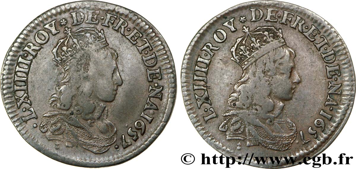 LOUIS XIV LE GRAND OU LE ROI SOLEIL Perruque du liard de cuivre, 2e type 1657  TTB