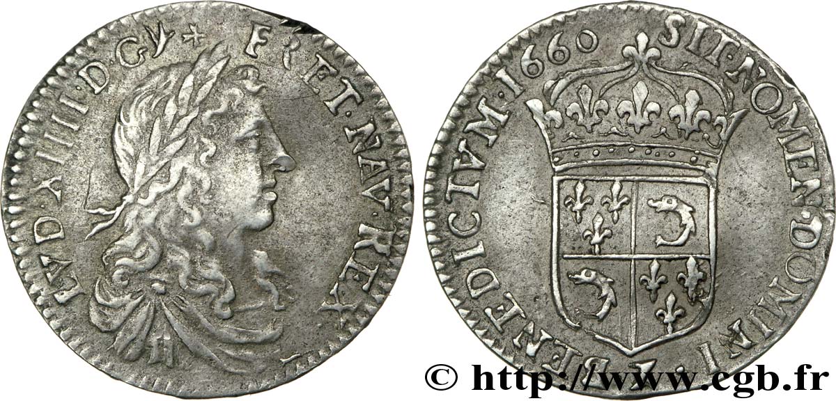 LOUIS XIV  THE SUN KING  Douzième d écu au buste juvénile du Dauphiné 1660 Grenoble BB/q.SPL