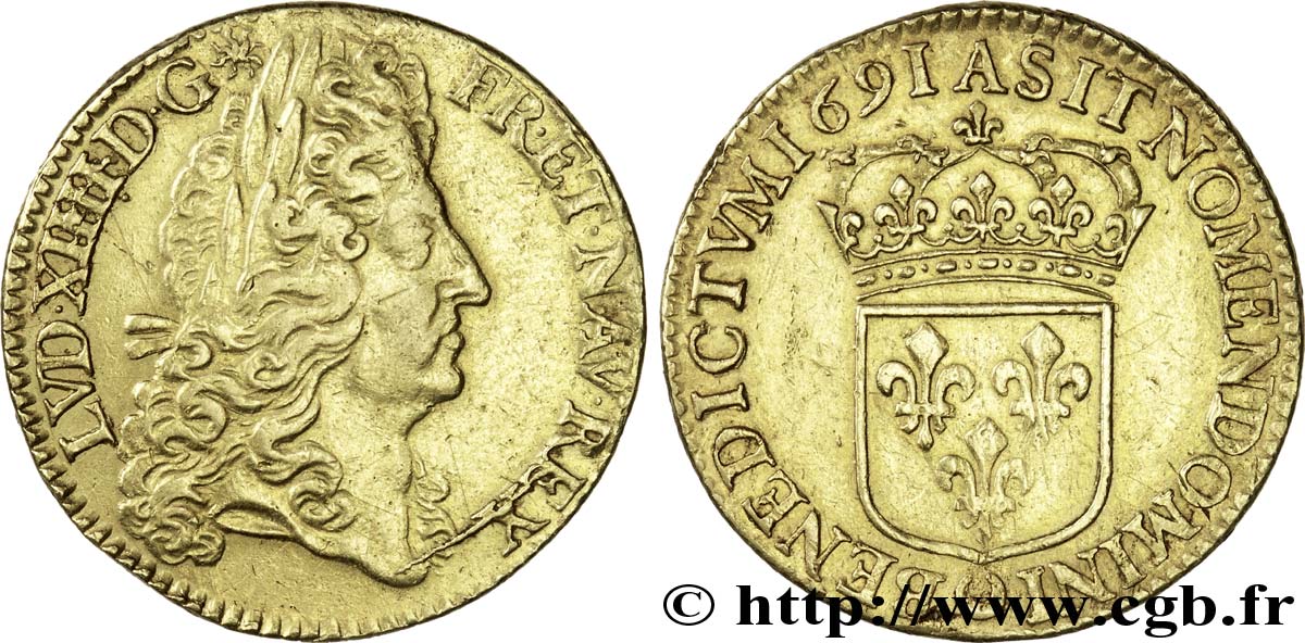 LOUIS XIV LE GRAND OU LE ROI SOLEIL Double louis d&nbsp;or à l&nbsp;écu 1691 Paris TTB/TTB+