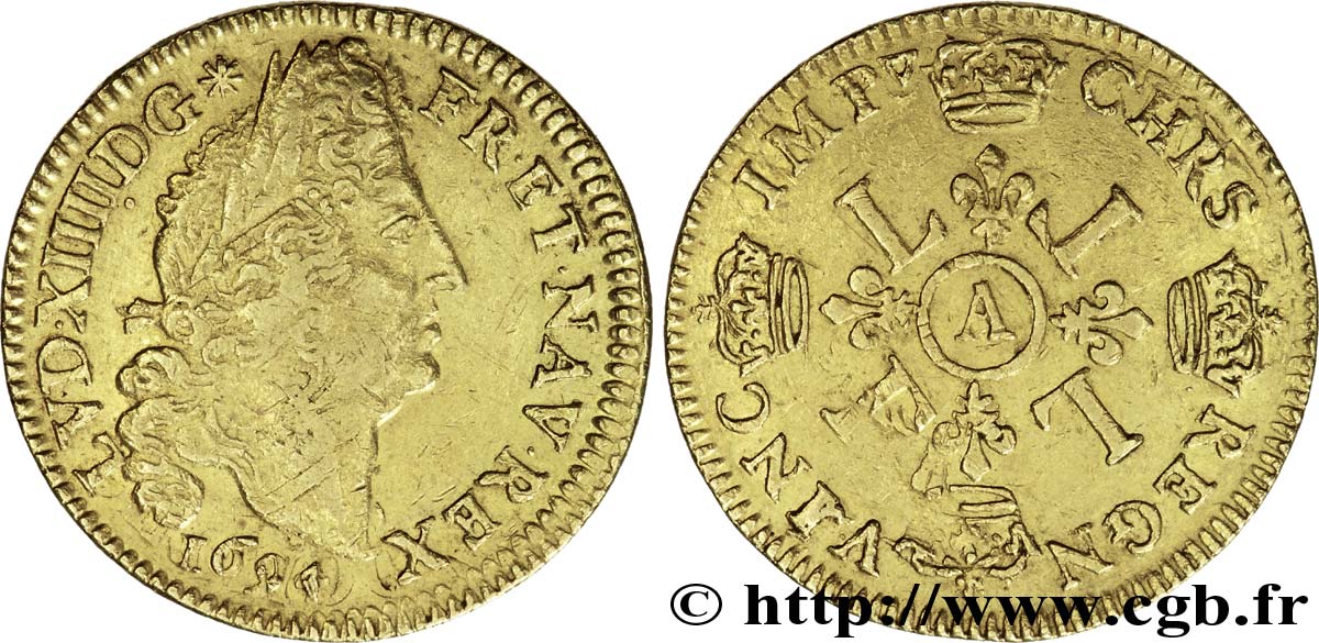 LOUIS XIV  THE SUN KING  Louis d or aux quatre L 1694 Paris BB