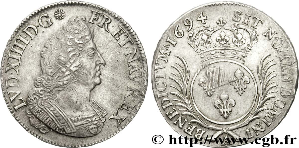 LOUIS XIV LE GRAND OU LE ROI SOLEIL Écu aux palmes 1694 Paris TTB/TTB+