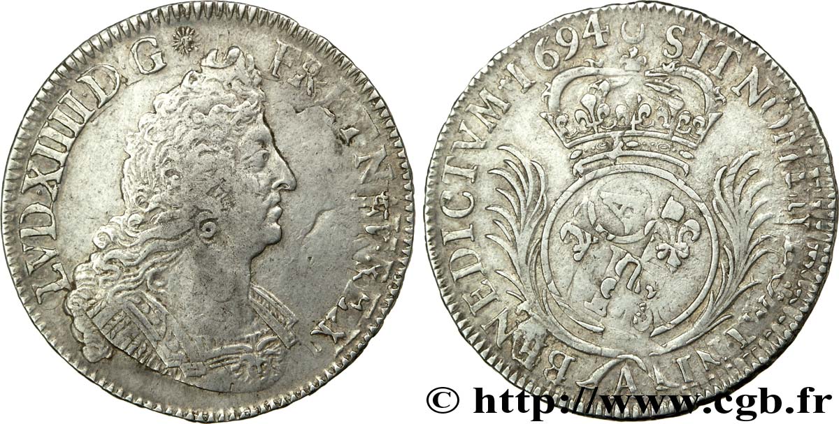 LOUIS XIV  THE SUN KING  Demi-écu aux palmes 1694 Paris XF