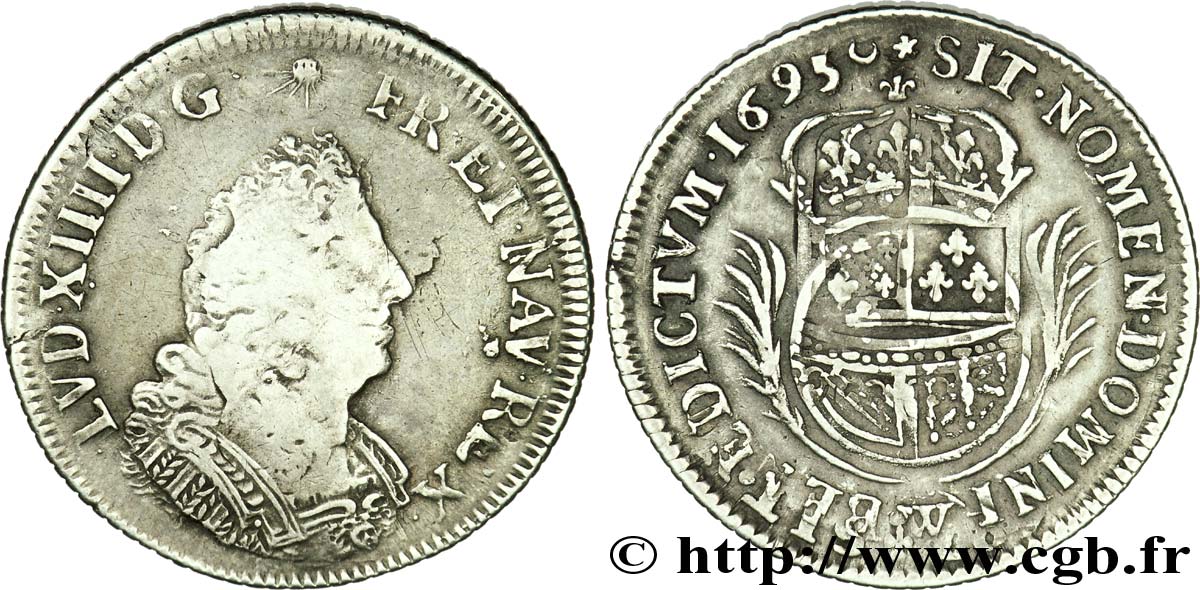 LOUIS XIV &nbsp;THE SUN KING&nbsp; Huitième d’écu de Flandre aux palmes 1695 Lille VF/VF
