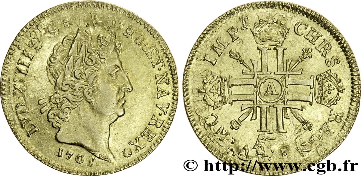 LOUIS XIV  THE SUN KING  Louis d’or aux huit L et aux insignes 1701  Paris SS