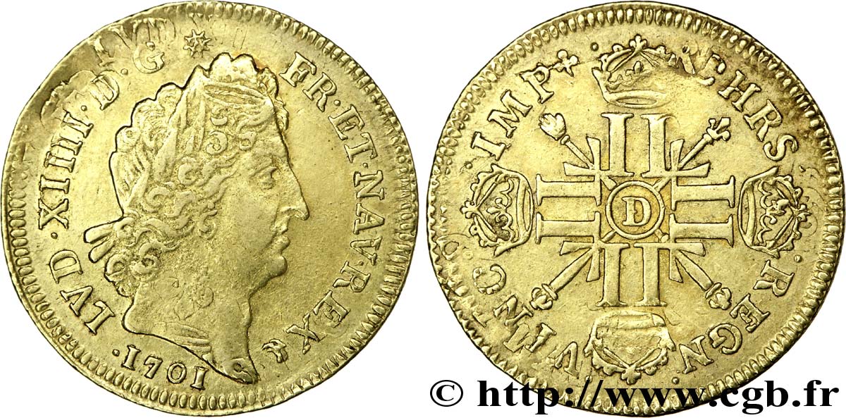 LOUIS XIV  THE SUN KING  Louis d’or aux huit L et aux insignes 1701 Lyon BB