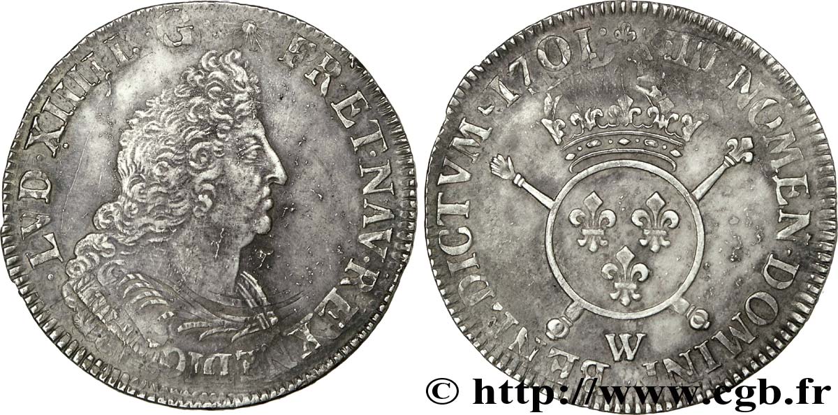 LOUIS XIV LE GRAND OU LE ROI SOLEIL Écu aux insignes au buste du type aux palmes 1701 Lille TTB