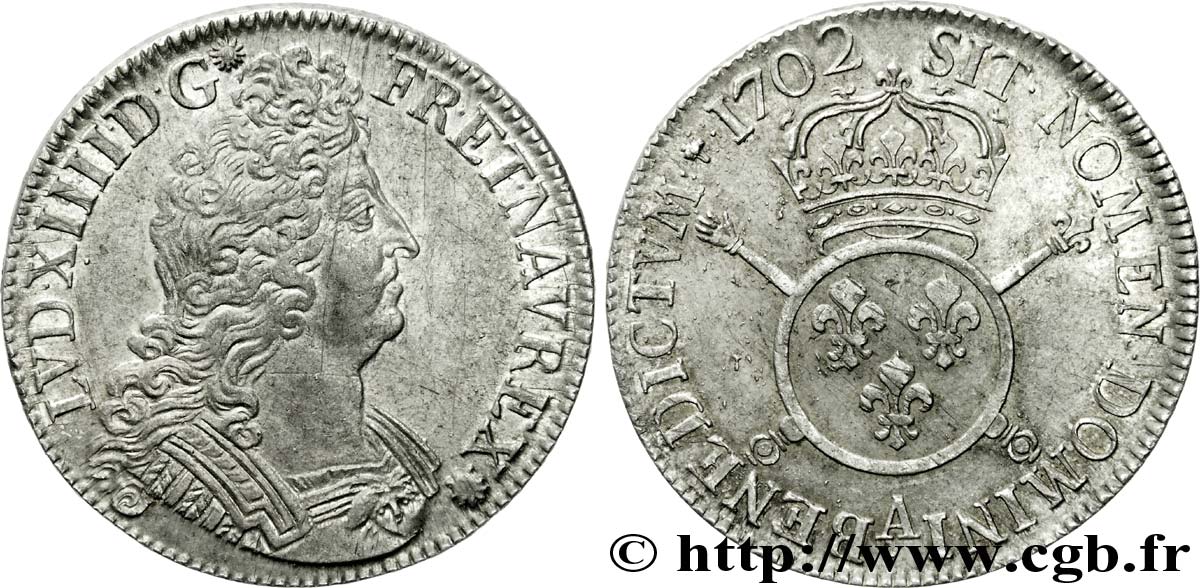 LOUIS XIV  THE SUN KING  Écu aux insignes 1702 Paris fVZ