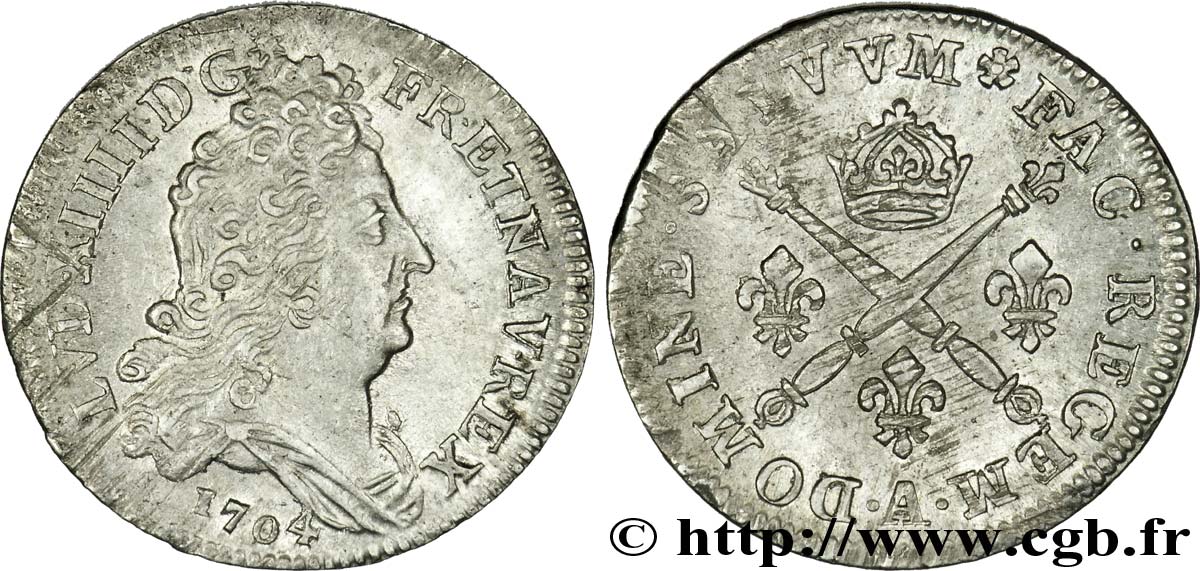 LOUIS XIV  THE SUN KING  Dix sols aux insignes 1704 Paris EBC