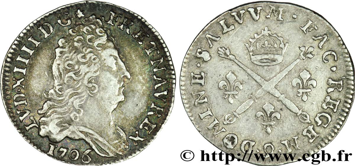LOUIS XIV  THE SUN KING  Dix sols aux insignes 1706 Rennes XF