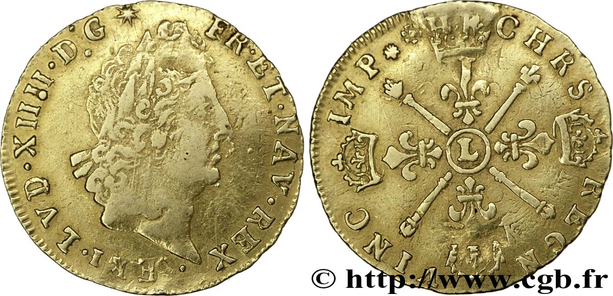 LOUIS XIV  THE SUN KING  Louis d or aux insignes, portrait aux cheveux courts 170[4 ?] Bayonne BC/MBC