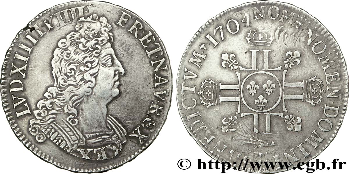 LOUIS XIV  THE SUN KING  Écu aux huit L, 2e type 1704 Amiens XF