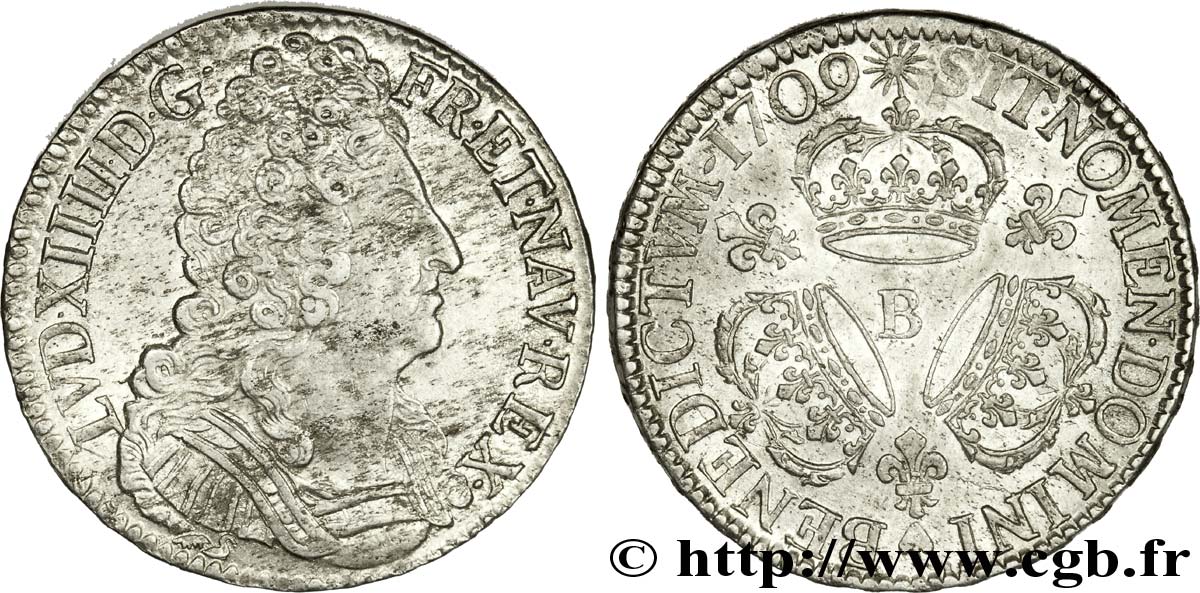 LOUIS XIV  THE SUN KING  Écu aux trois couronnes 1709 Rouen q.SPL/SPL