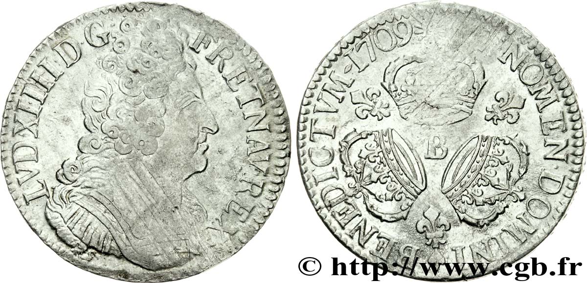 LOUIS XIV  THE SUN KING  Écu aux trois couronnes 1709 Rouen XF/AU