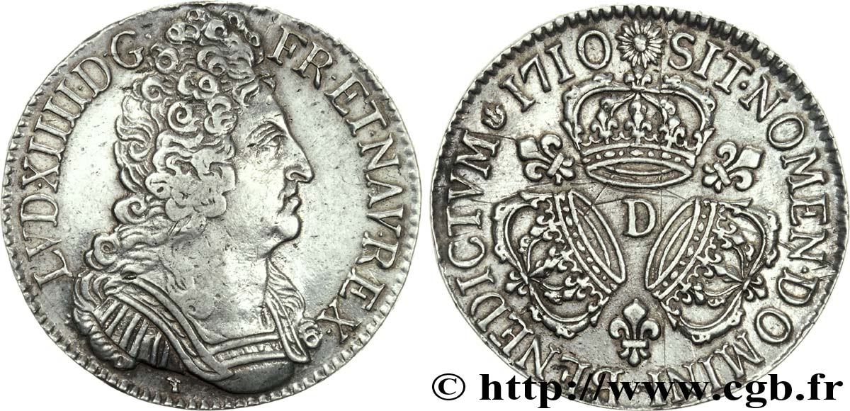 LOUIS XIV  THE SUN KING  Écu aux trois couronnes 1710 Lyon XF