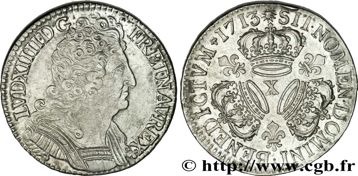 LOUIS XIV  THE SUN KING  Demi-écu aux trois couronnes 1713 Amiens AU/AU