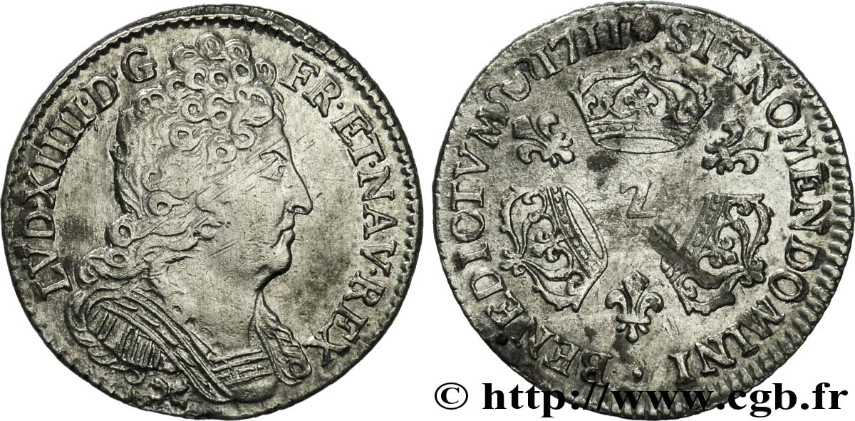 LOUIS XIV  THE SUN KING  Dixième d écu aux trois couronnes 1711 Grenoble q.BB/BB