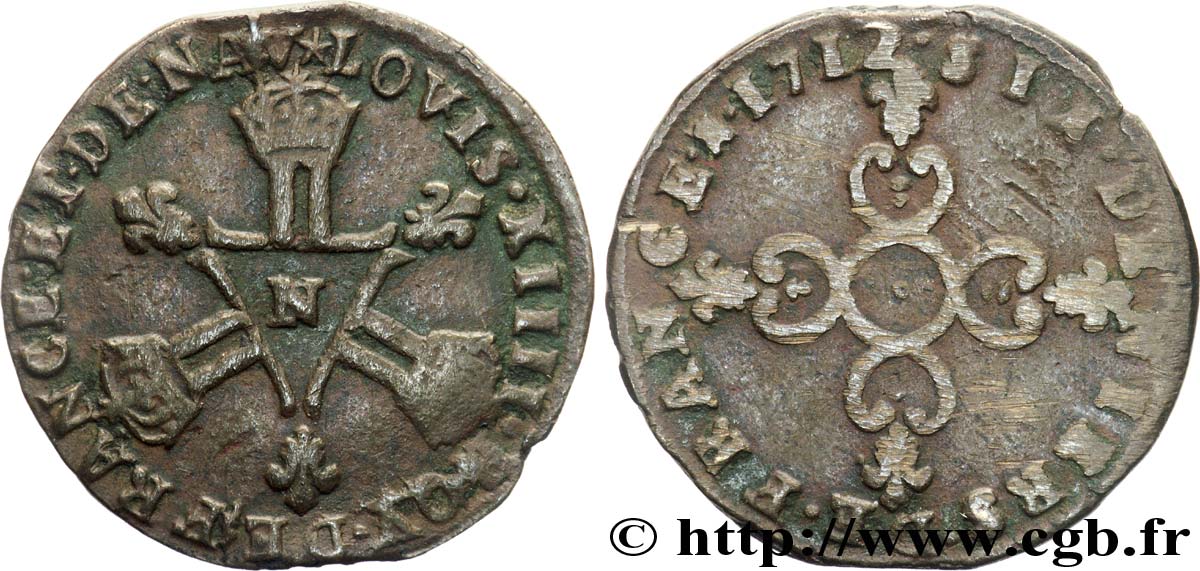 LOUIS XIV LE GRAND OU LE ROI SOLEIL Six deniers dits  Dardenne  1712 Montpellier TTB/TB+