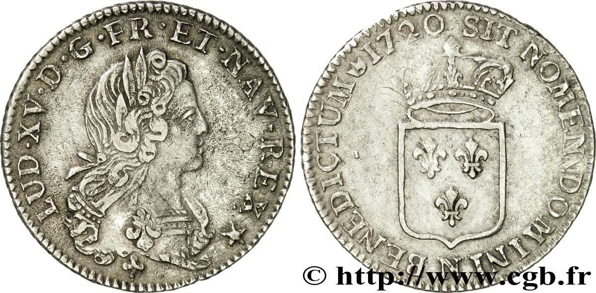 LOUIS XV  THE WELL-BELOVED  Tiers d écu de France avec buste du  petit louis d’argent  1720 Montpellier MBC/BC+