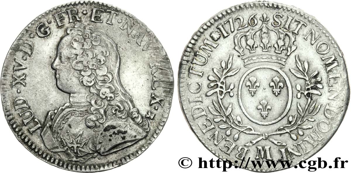 LOUIS XV &nbsp;THE WELL-BELOVED&nbsp; Écu aux branches d&nbsp;olivier, buste habillé 1726 Toulouse XF