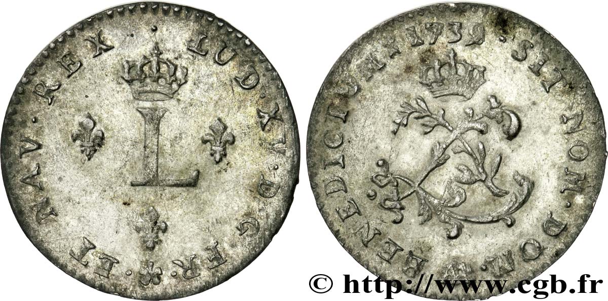 LOUIS XV DIT LE BIEN AIMÉ Double sol de billon 1739 Metz TTB+