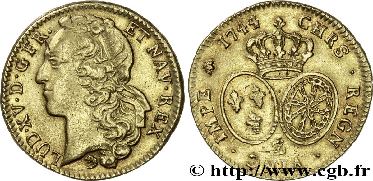 LOUIS XV  THE WELL-BELOVED  Double louis d’or aux écus ovales, tête ceinte d’un bandeau 1744 Grenoble q.SPL/BB