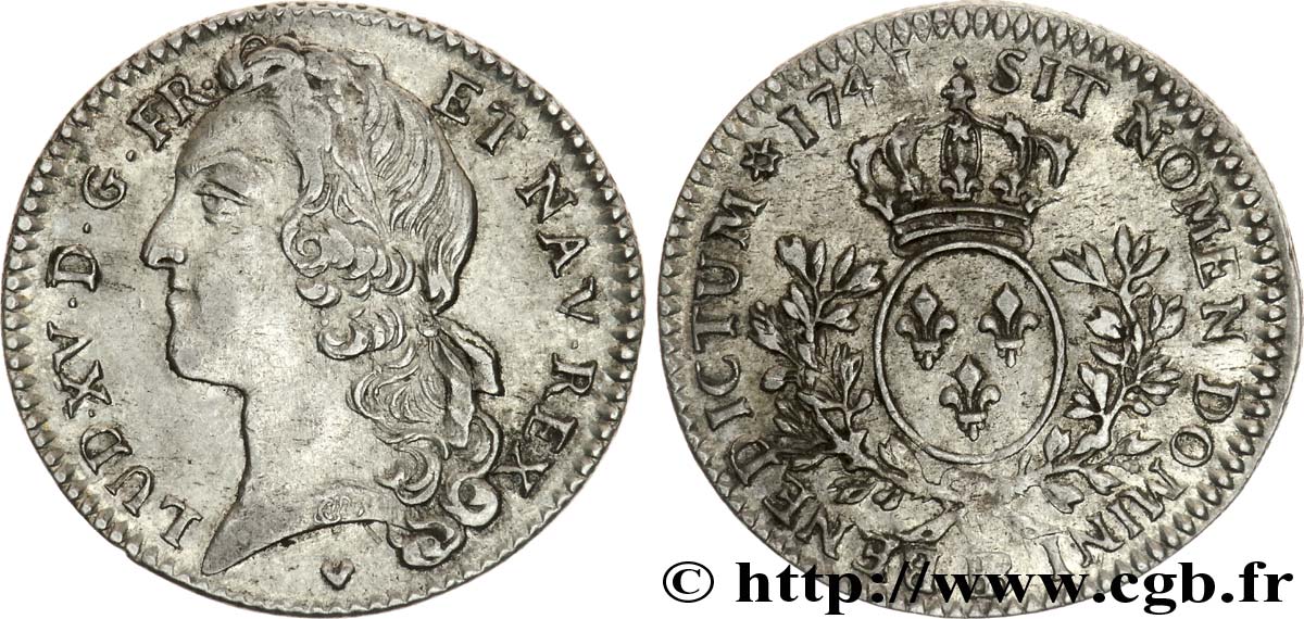 LOUIS XV THE BELOVED Cinquième d’écu aux branches d’olivier, tête ceinte d’un bandeau 1741 Strasbourg XF