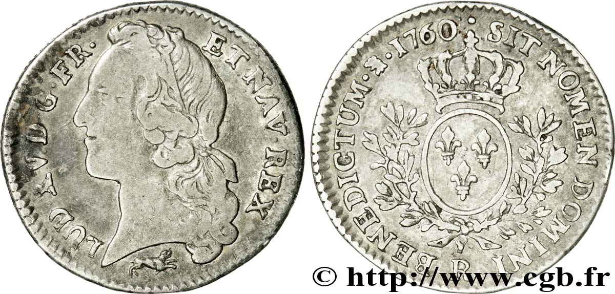 LOUIS XV  THE WELL-BELOVED  Cinquième d’écu aux branches d’olivier, tête ceinte d’un bandeau 1760 Orléans MB/q.BB