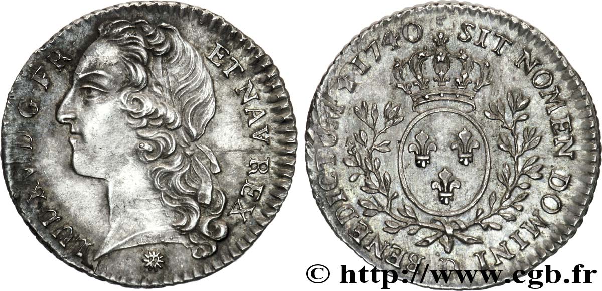 LOUIS XV  THE WELL-BELOVED  Dixième d écu aux branches d’olivier, tête ceinte d’un bandeau 1740 Lyon AU/AU