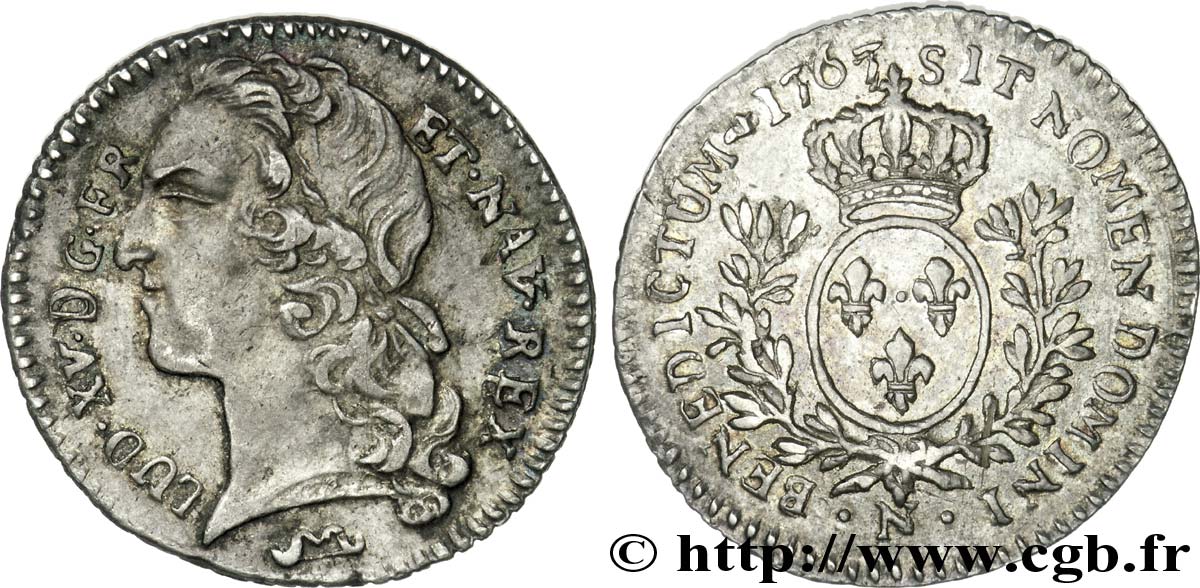 LOUIS XV &nbsp;THE WELL-BELOVED&nbsp; Dixième d&nbsp;écu aux branches d’olivier, tête ceinte d’un bandeau 1767 Montpellier fVZ