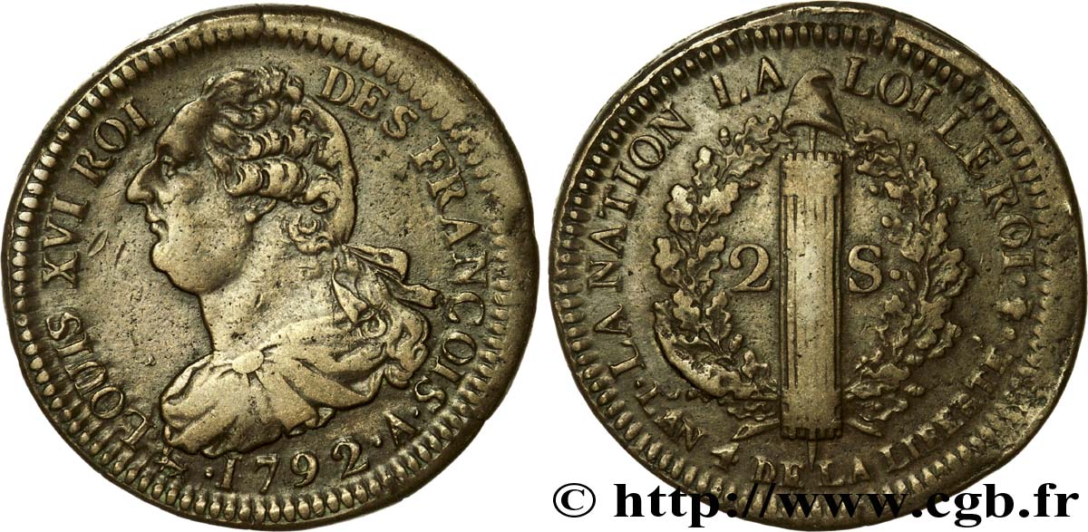 LOUIS XVI 2 sols dit  au faisceau , type FRANÇOIS 1792 Paris XF