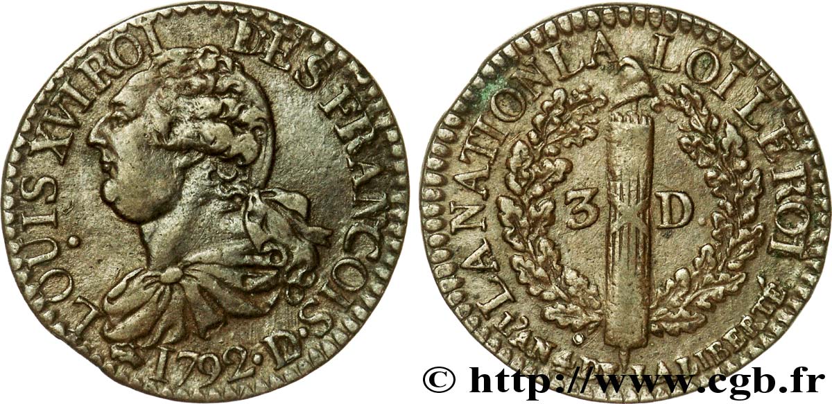 LOUIS XVI 3 deniers dit  au faisceau , type FRANCOIS 1792 Lyon q.SPL