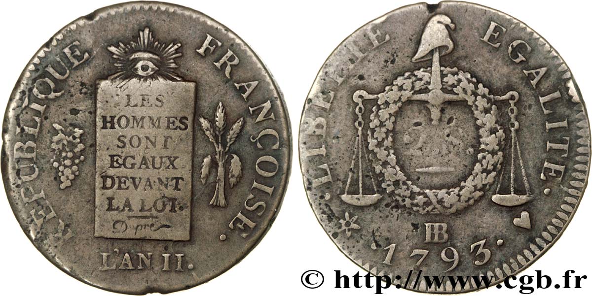 CONVENZIONE NAZIONALE 2 sols dit  à la table de loi  1793 Strasbourg XF