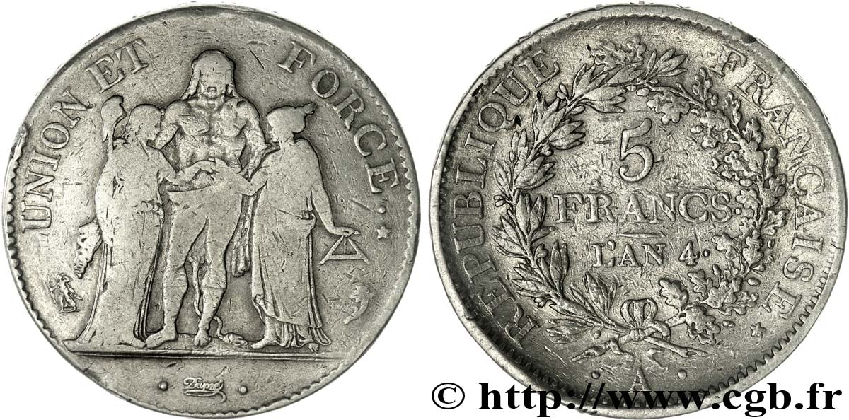 5 francs Union et Force, Union serré, avec glands, listel par virole 1796 Paris F.287/1 VF 