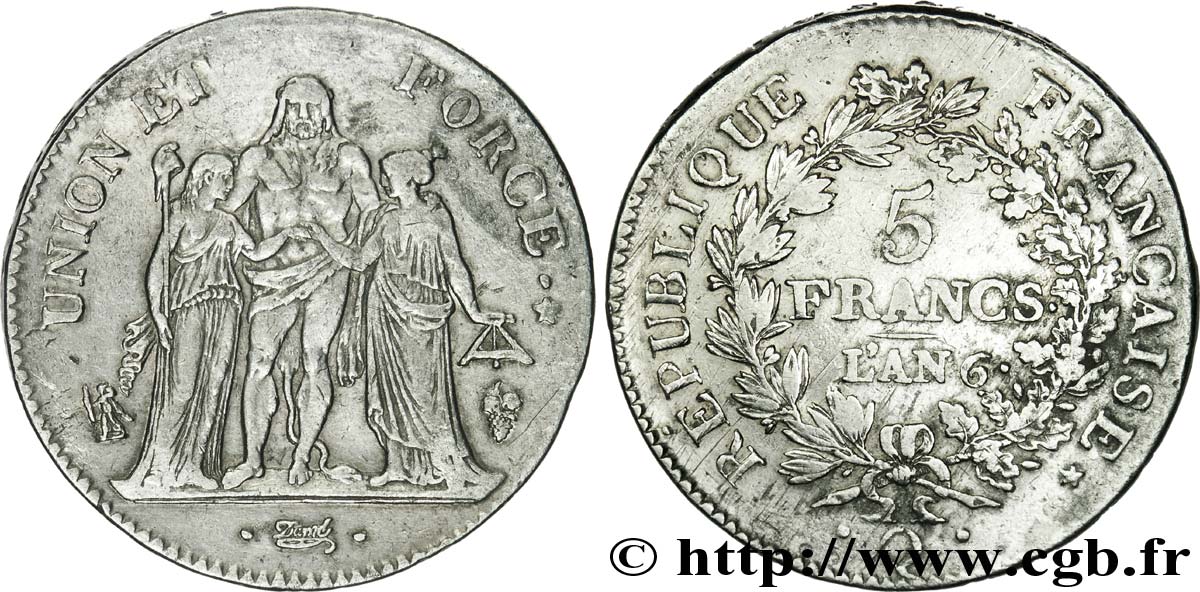 5 francs Union et Force, Union serré, avec glands intérieurs et gland extérieur 1798 Perpignan F.288/81 XF 