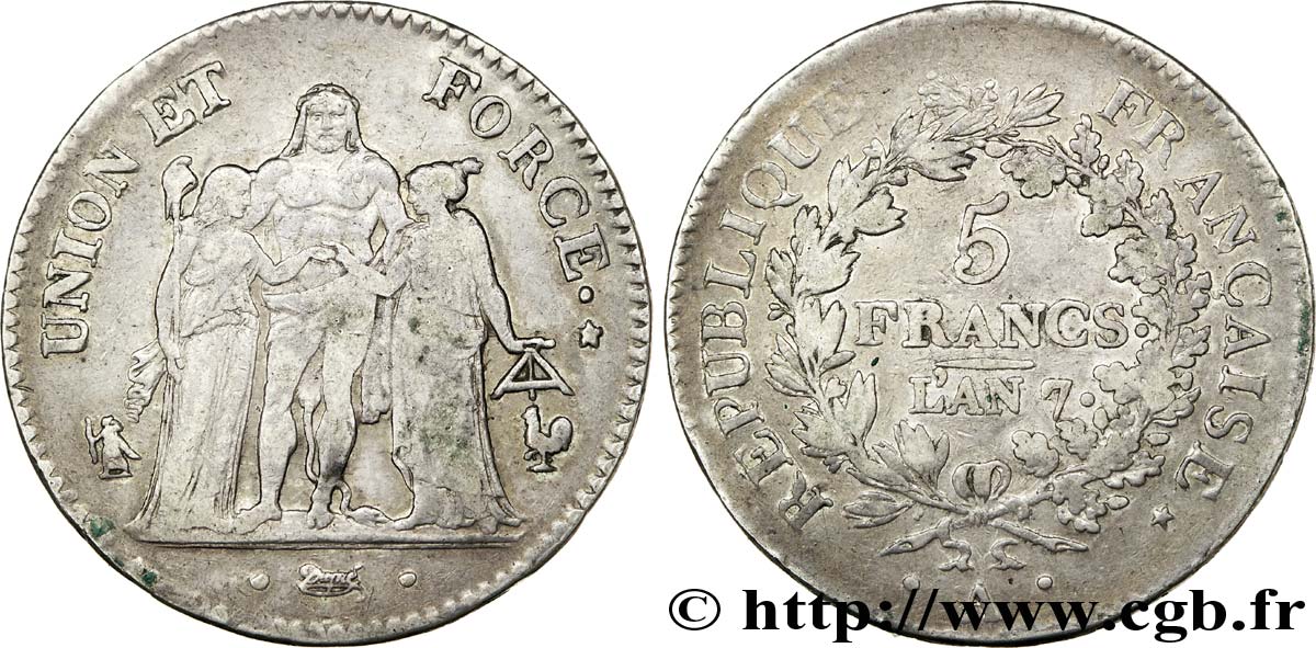 5 francs Union et Force, Union serré, seulement gland extérieur, petite feuille 1799 Paris F.288/99 TTB 