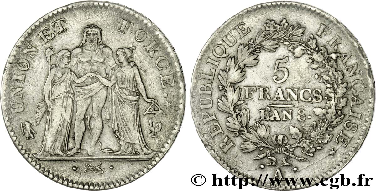 5 francs Union et Force, Union desserré, avec glands intérieurs et gland extérieur 1800 Paris F.291/30 BB 