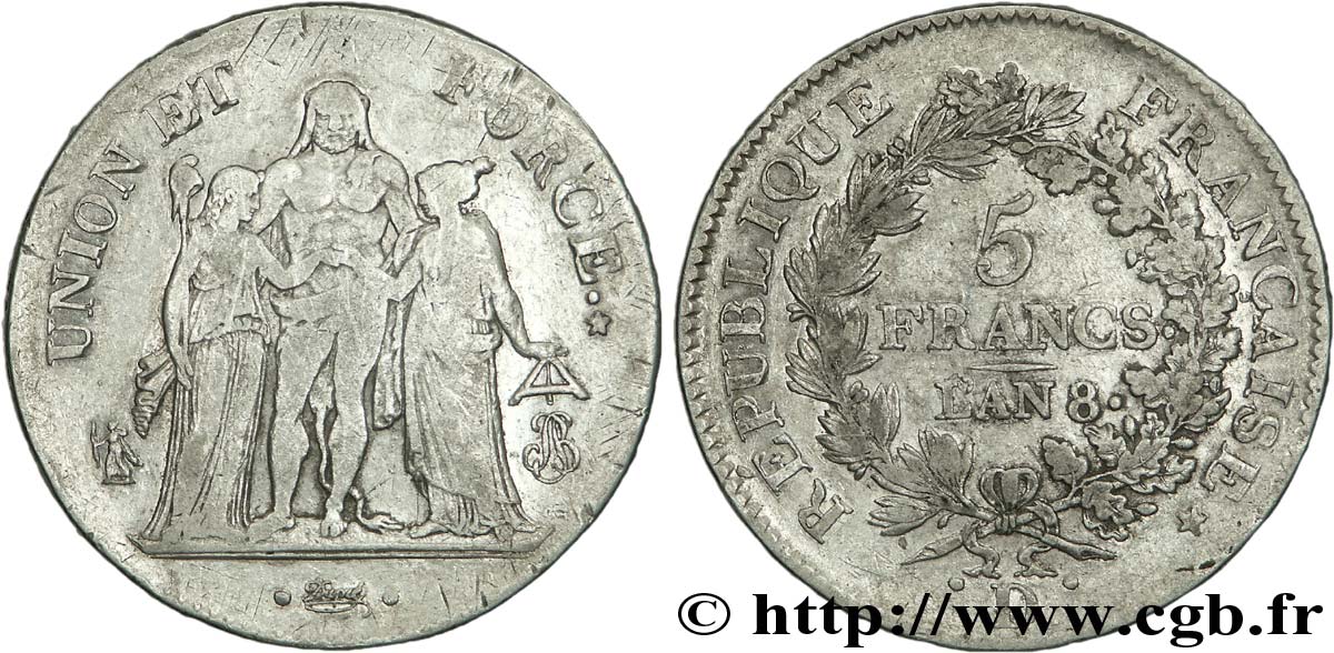 5 francs Union et Force, Union serré, avec glands intérieurs et gland extérieur 1800 Lyon F.288/131 VF 