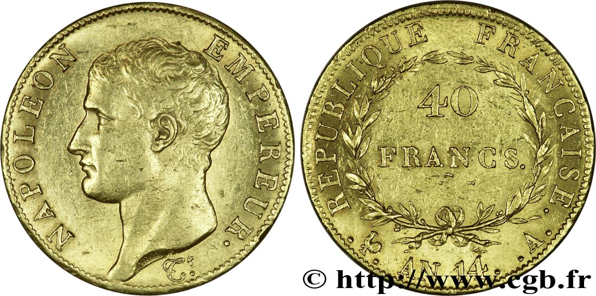 40 francs or Napoléon tête nue, calendrier révolutionnaire 1805 Paris F.537/2 MBC 
