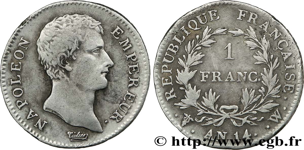 1 franc Napoléon Empereur, calendrier révolutionnaire 1805 Lille F.201/39 TTB 