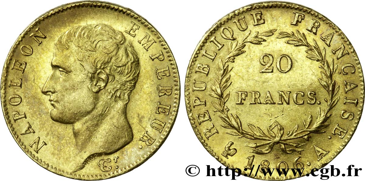 20 francs Napoléon tête nue, calendrier grégorien 1806 Paris F.513/1 EBC 