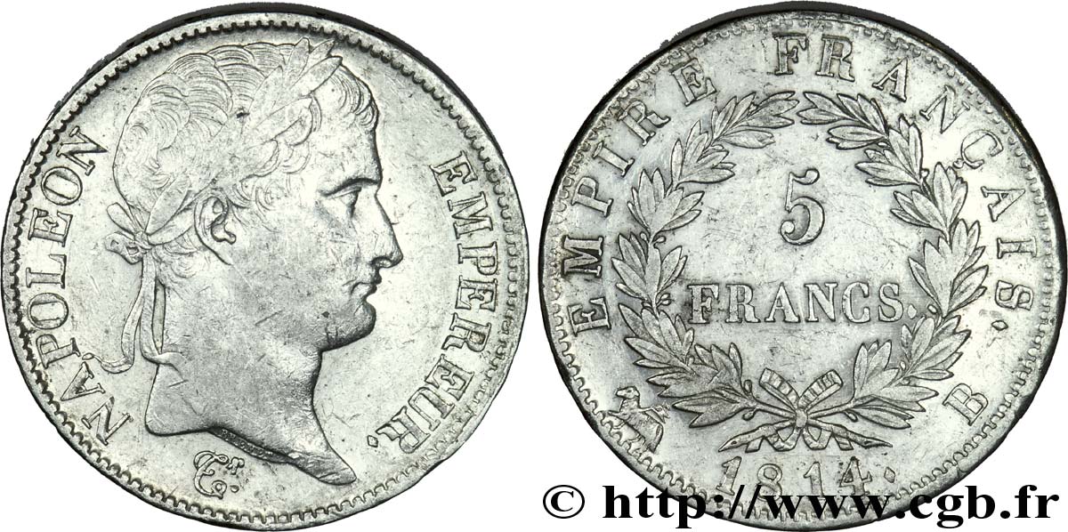 5 francs Napoléon Empereur, Empire français 1814 Rouen F.307/77 MBC 