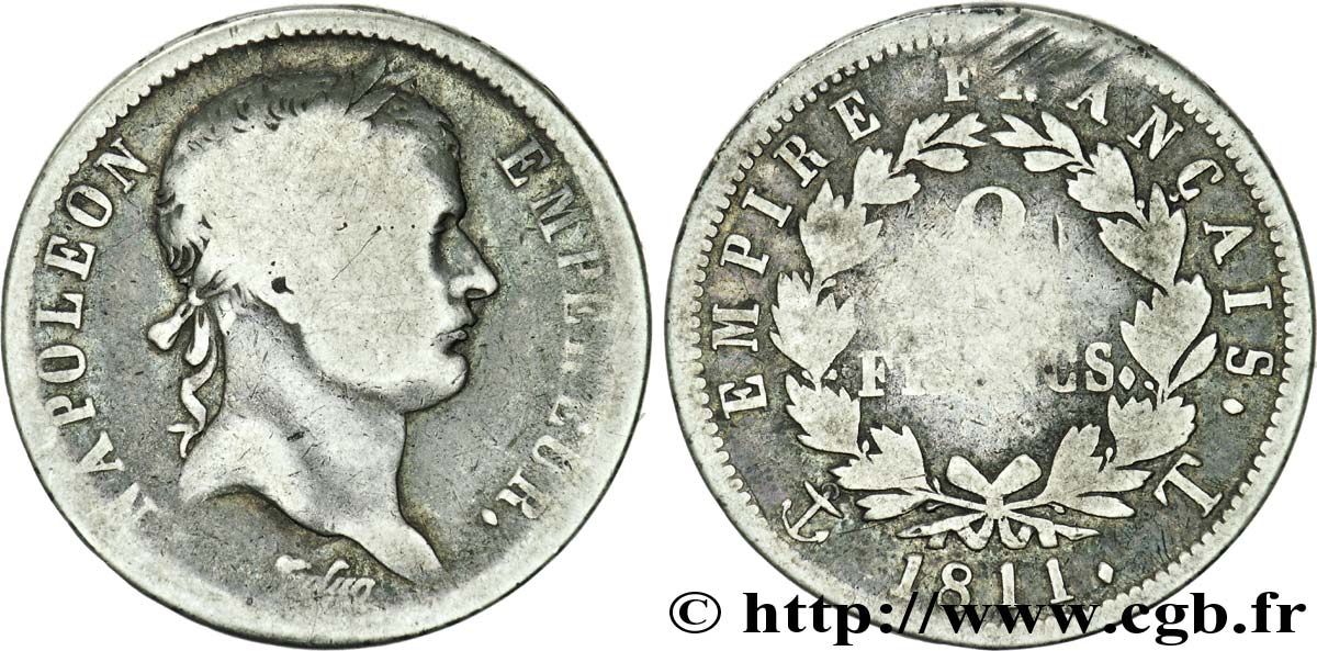 2 francs Napoléon Ier tête laurée, Empire français 1811 Nantes F.255/35 SGE 