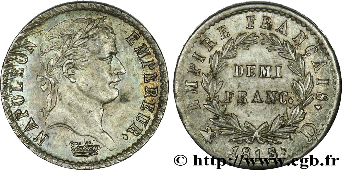 Demi-franc Napoléon Ier tête laurée, Empire français 1813 Lyon F.178/51 AU 